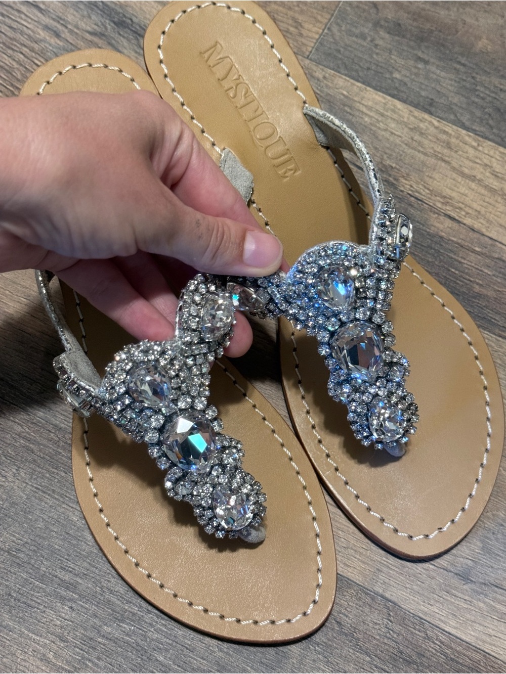 Mystique Boutique Silver Jeweled T-Strap Sandals
